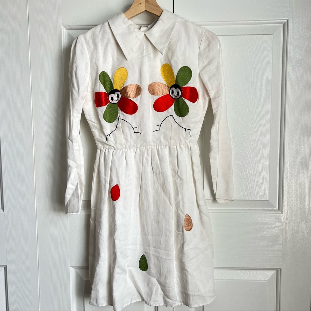 Hannah Kristina Metz Florence Dress Embroidered Happy Face flowers Retro Size 4 - Picture 2 of 12